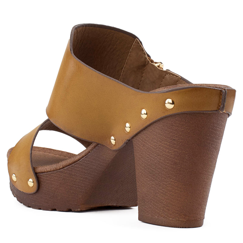 Double Band Faux Wood Chunky Heel Mules TAN