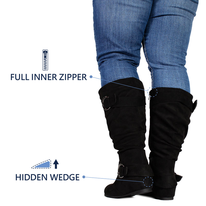 "Wide Calf & Wide Width" Wedge Knee High Boots BLACK