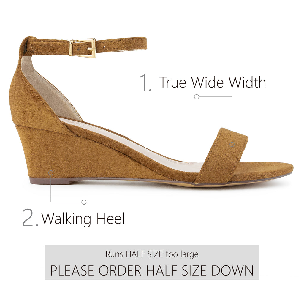 "Wide Width" Ankle Strap Low Platform Heel Wedge Sandals CAMEL