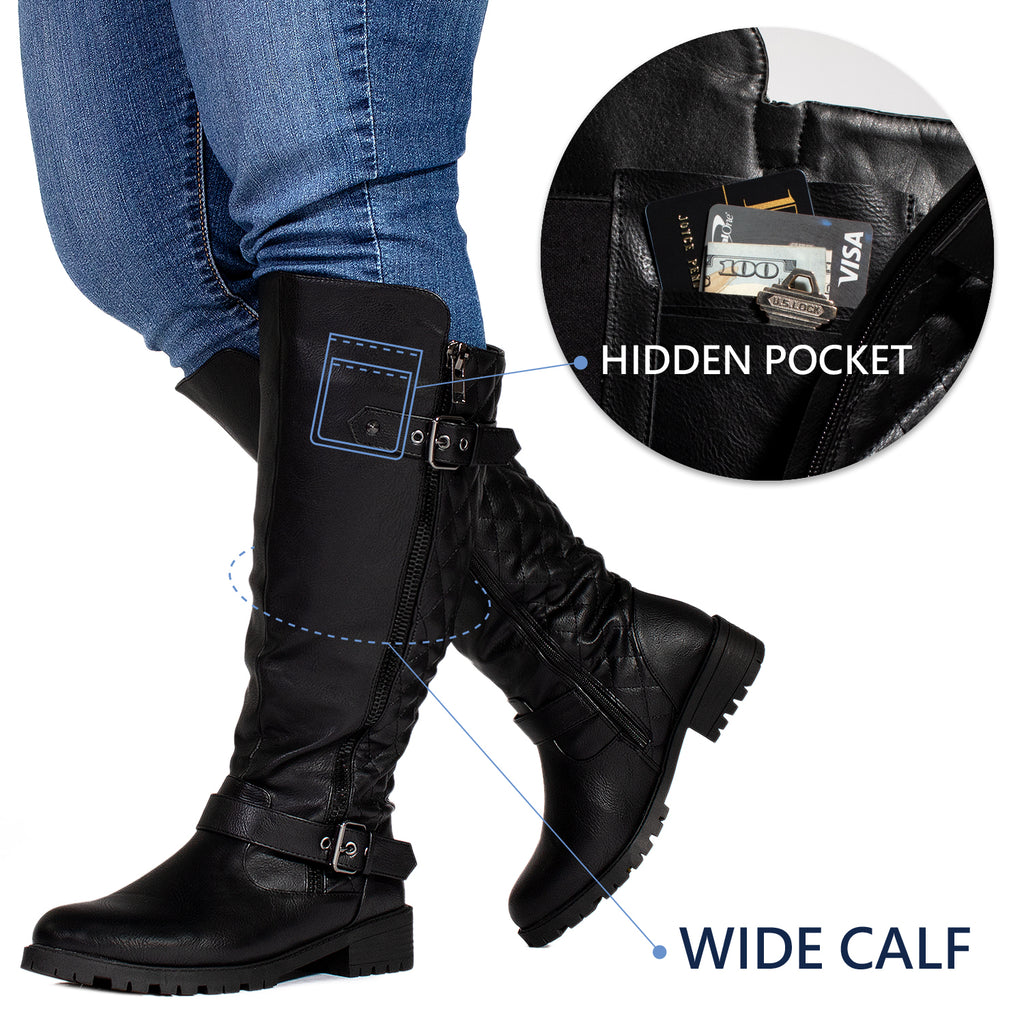 "Wide Calf" Lug Sole Knee High Riding Boots BLACK