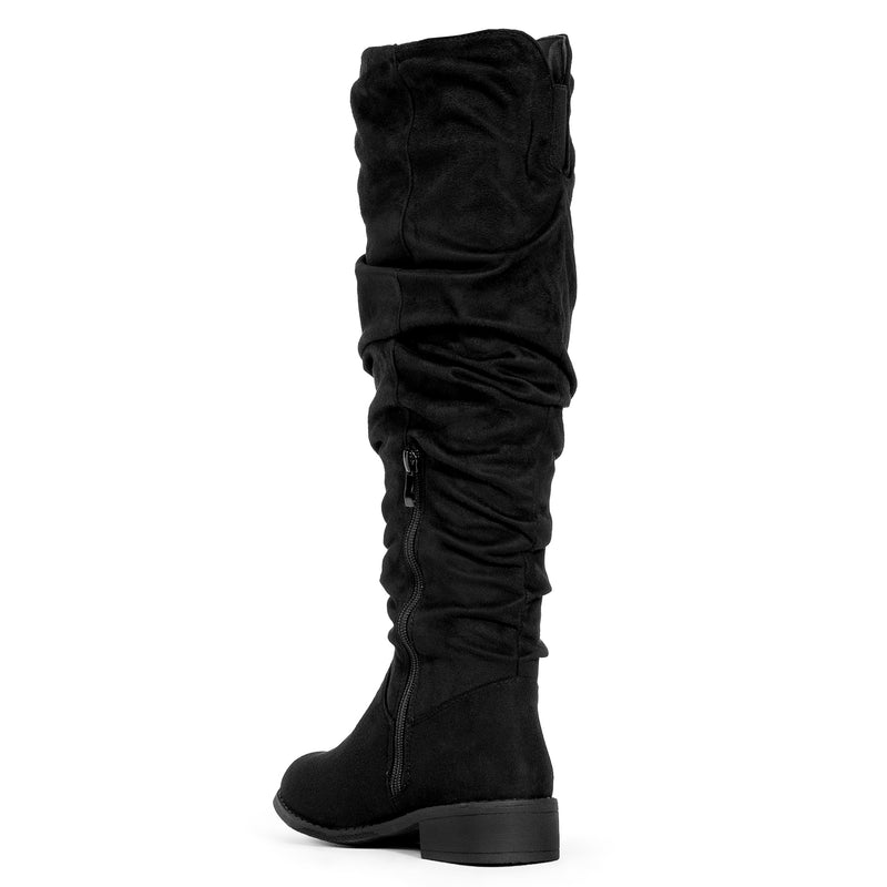 Medium Calf Slouchy Pull On Low Block Heel Knee High Boots BLACK