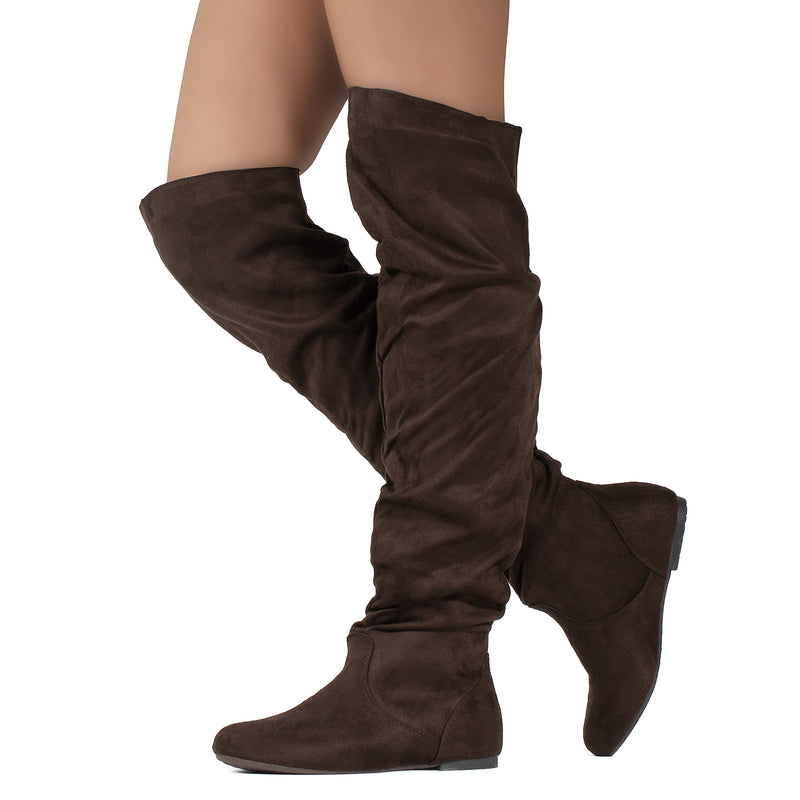 "Wide Calf" Over The Knee Chunky Heel Stretch Boots BLACK
