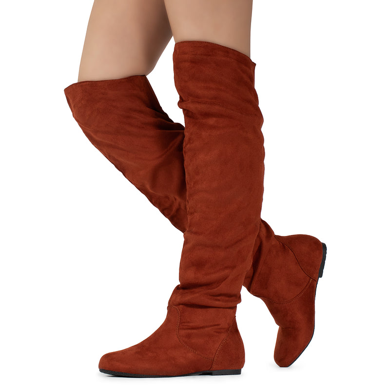 Women's Fitted Over The Knee Thigh High Chunky Heel Stretch BURGUNDY