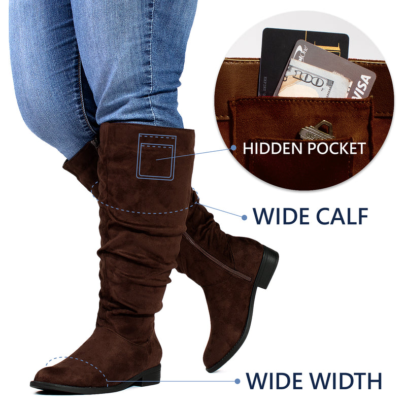 "Wide Calf & Wide Width" Low Heel Slouchy Knee High Boots BROWN