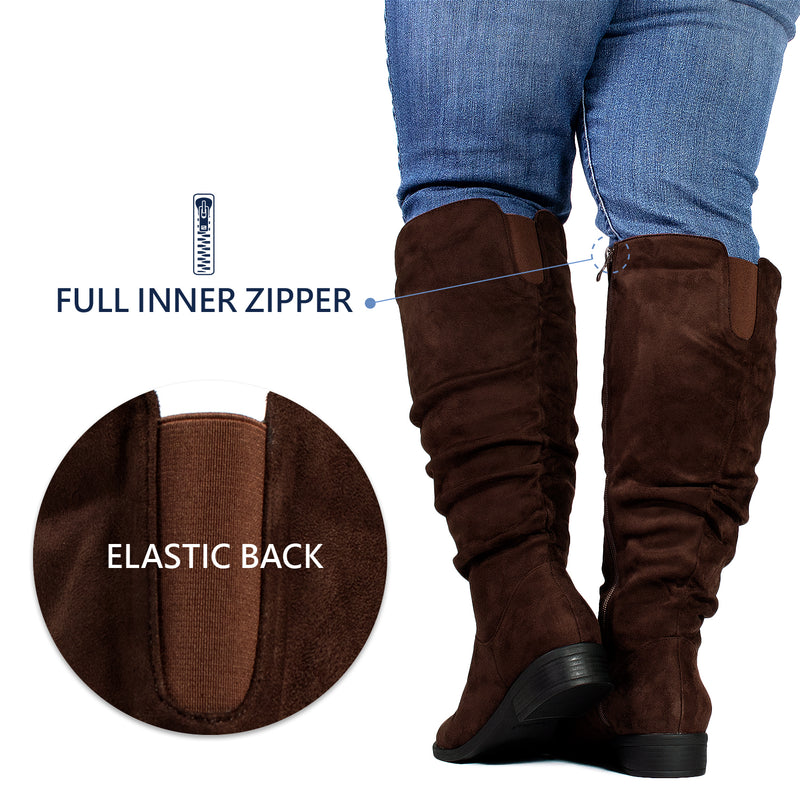 "Wide Calf & Wide Width" Low Heel Slouchy Knee High Boots BROWN