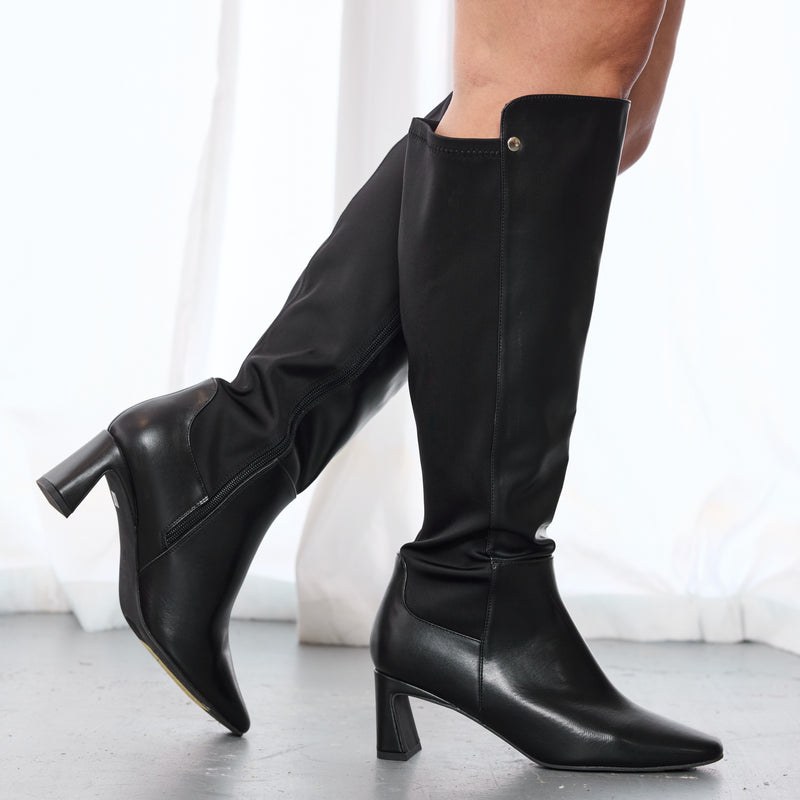 "Wide Calf" Block Heel Knee High Dress Boots BLACK LEATHERETTE