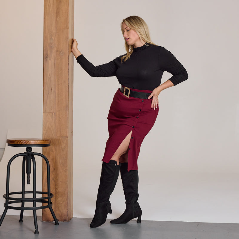 "Wide Calf" Block Heel Knee High Dress Boots WINE