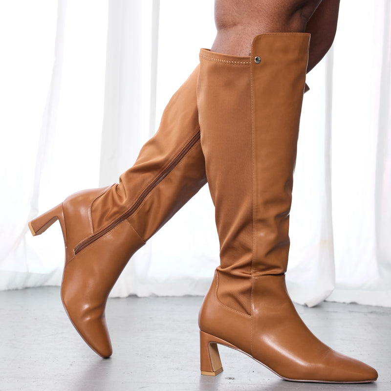 "Wide Calf" Block Heel Knee High Dress Boots LIGHT BROWN