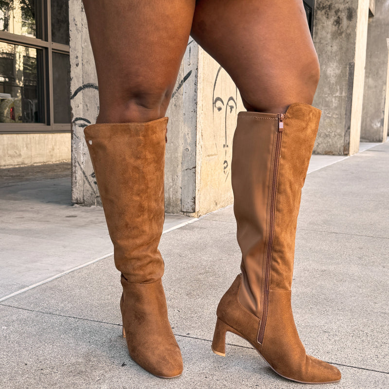 "Wide Calf" Block Heel Knee High Dress Boots TAN