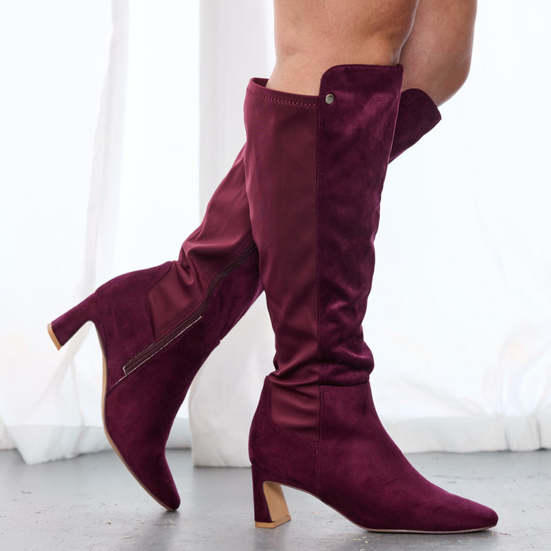 "Wide Calf" Block Heel Knee High Dress Boots WINE