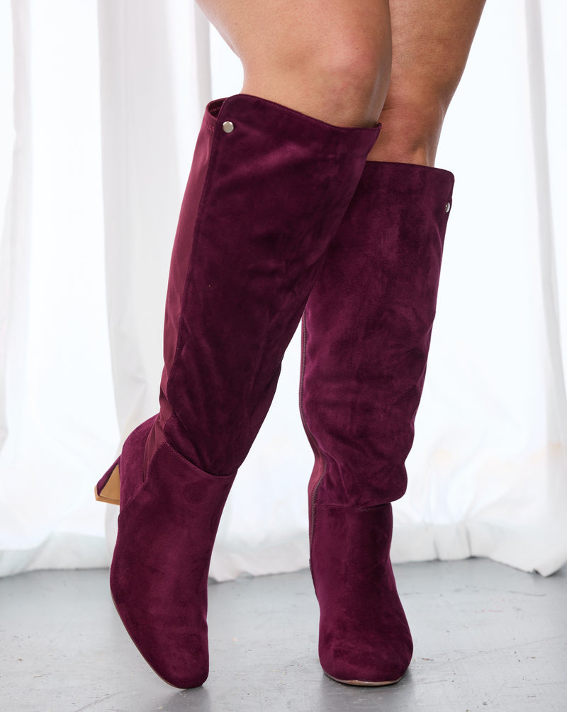 "Wide Calf" Block Heel Knee High Dress Boots WINE