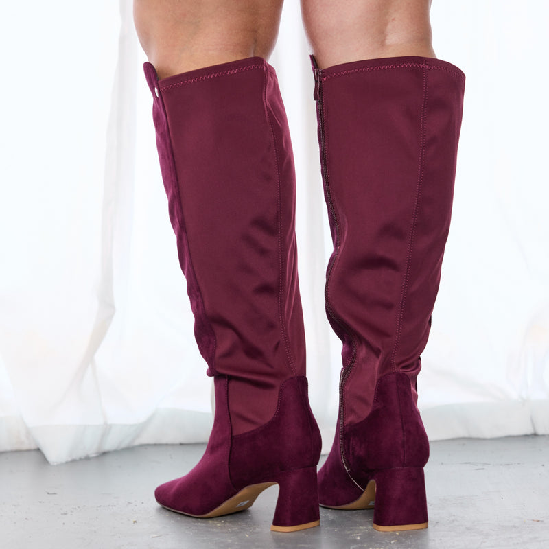 "Wide Calf" Block Heel Knee High Dress Boots WINE