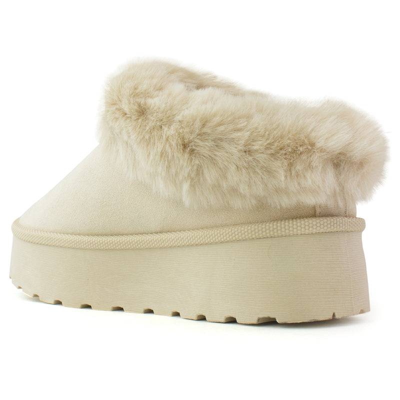 Platform Fur Lined Mule Clog BEIGE