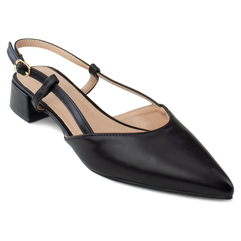 Pointed Toe Slingback Low Block Heel Mule Pumps BLACK
