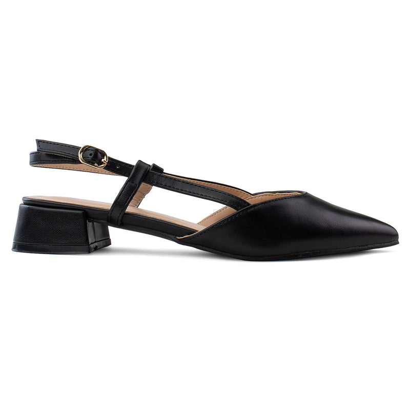 Pointed Toe Slingback Low Block Heel Mule Pumps BLACK