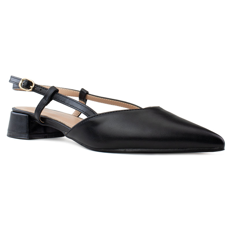 Pointed Toe Slingback Low Block Heel Mule Pumps BLACK