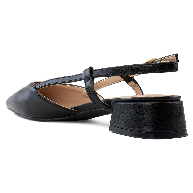 Pointed Toe Slingback Low Block Heel Mule Pumps BLACK