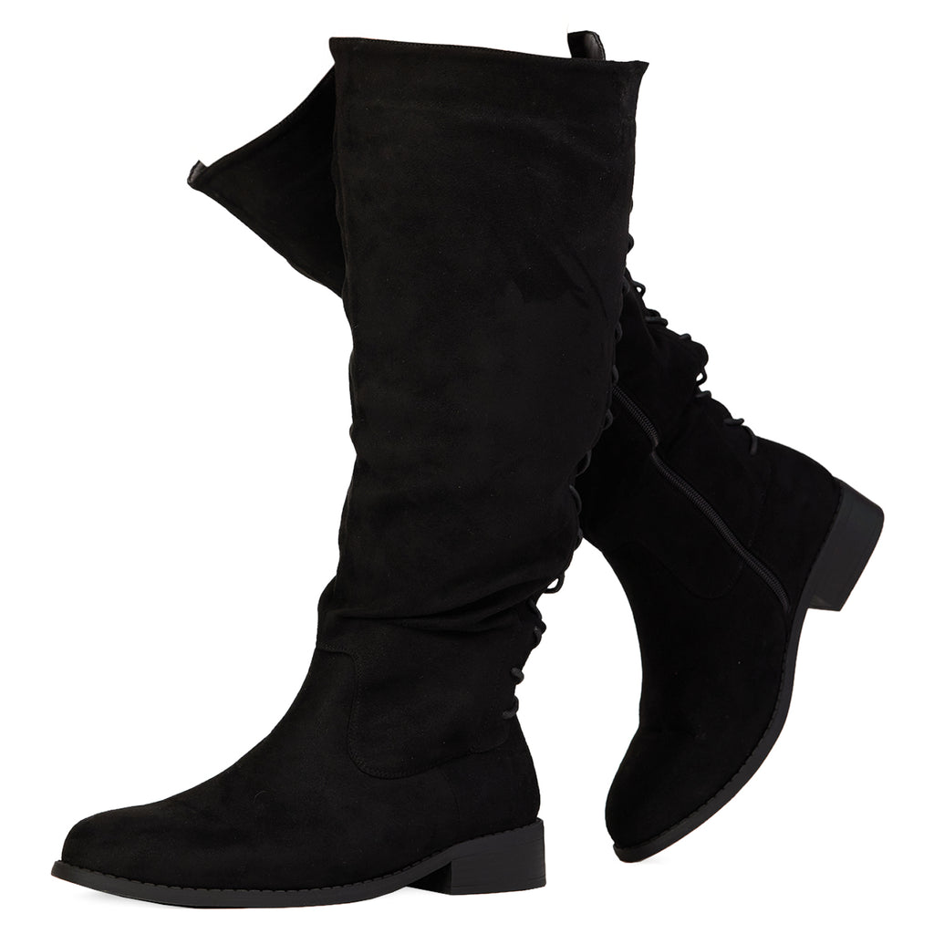 "Wide Calf Wide Width" Back Lace Riding Boots BLACK