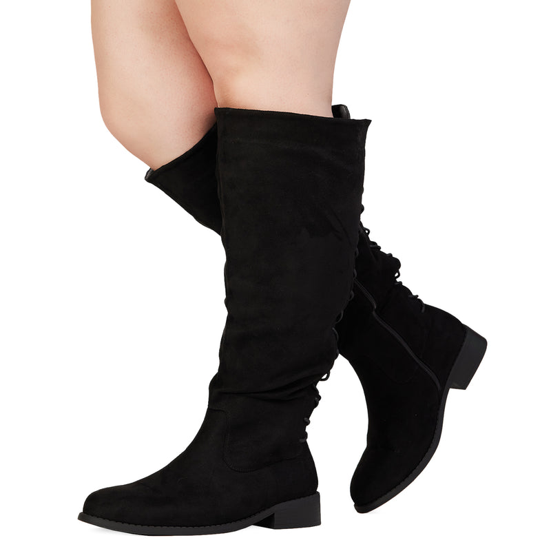 "Wide Calf Wide Width" Back Lace Riding Boots BLACK