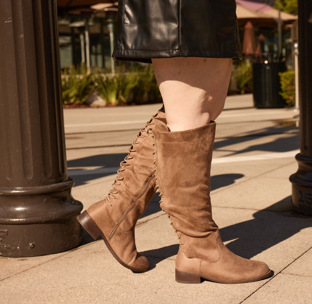 "Wide Calf Wide Width" Back Lace Riding Boots TAUPE