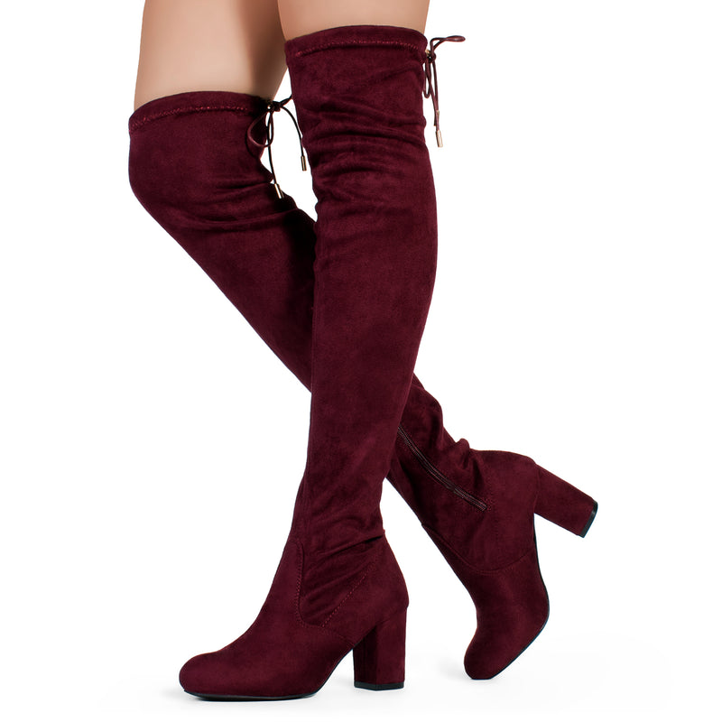 "Regular Calf" Over The Knee Chunky Heel Stretch Boots WINE
