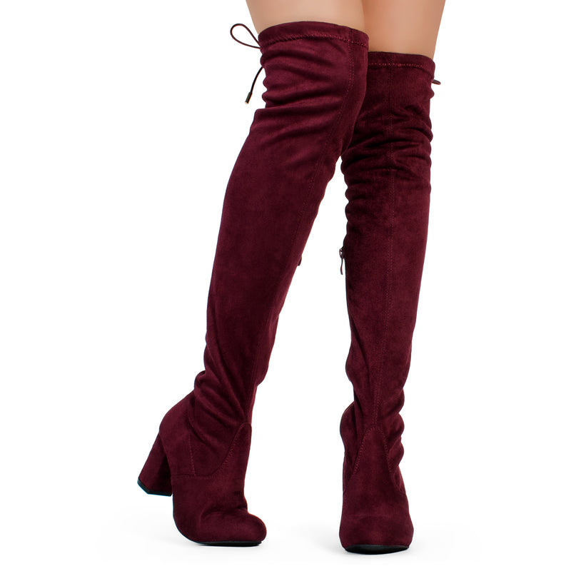 "Regular Calf" Over The Knee Chunky Heel Stretch Boots WINE