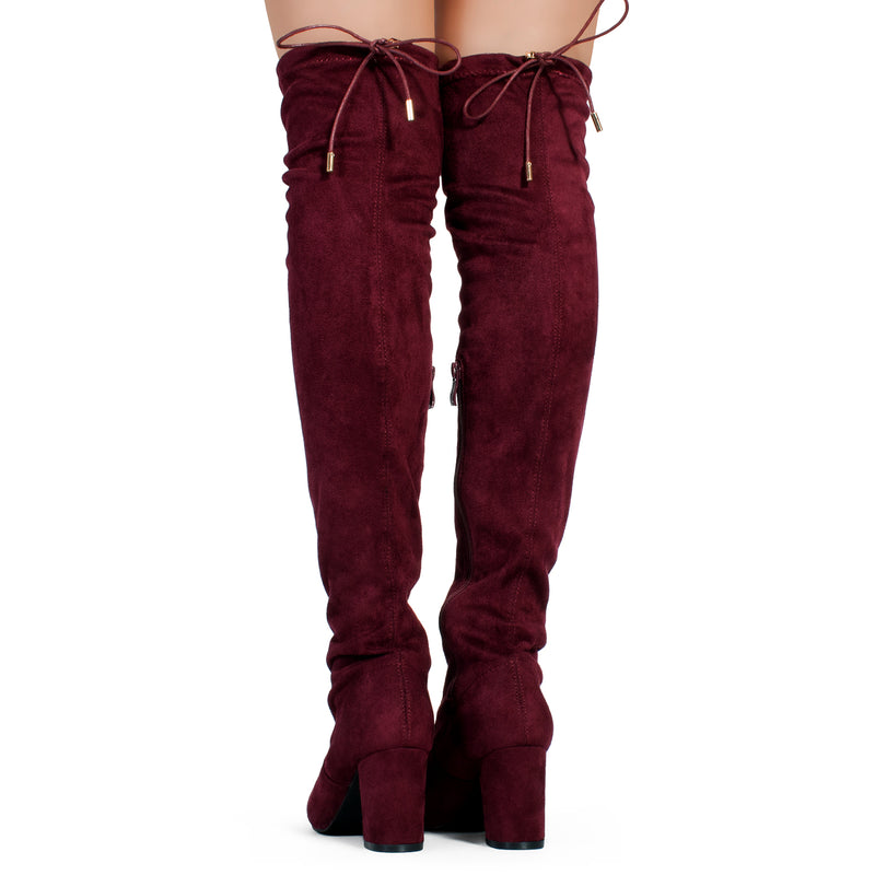 "Regular Calf" Over The Knee Chunky Heel Stretch Boots WINE