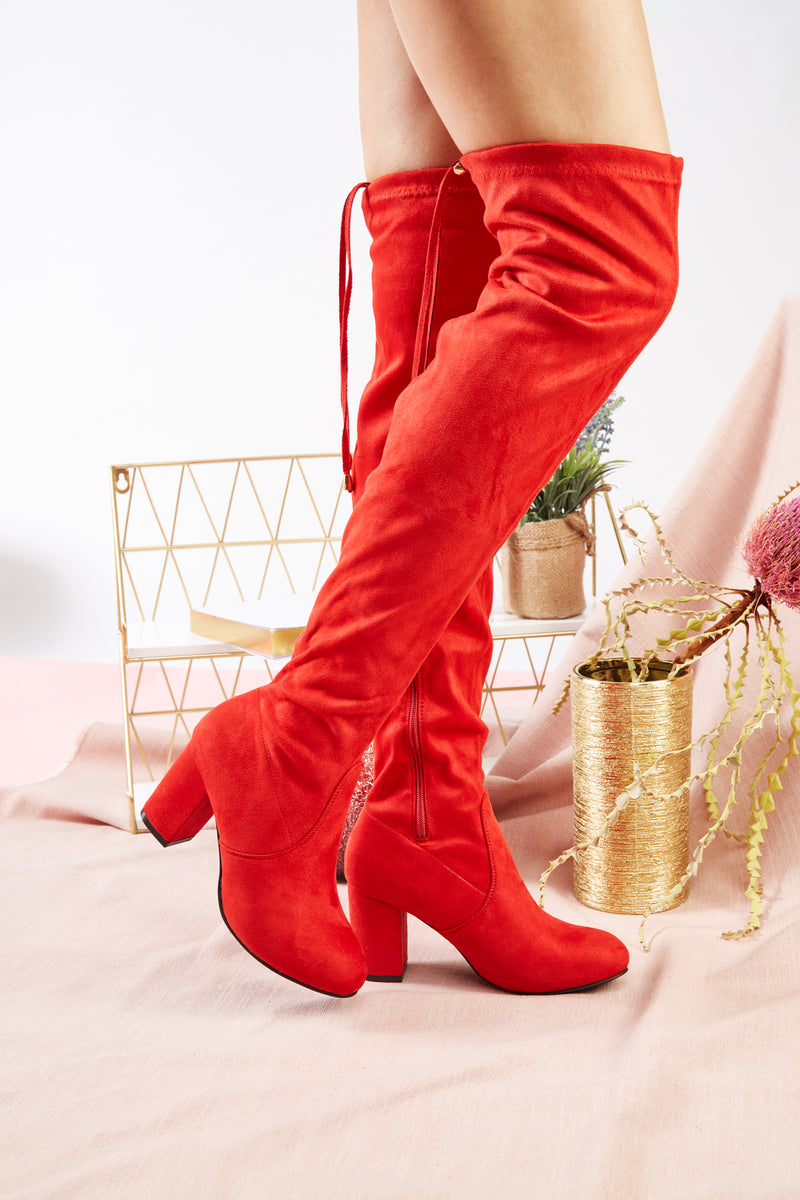 Medium Calf Over The Knee Chunky Heel Stretch Boots RED