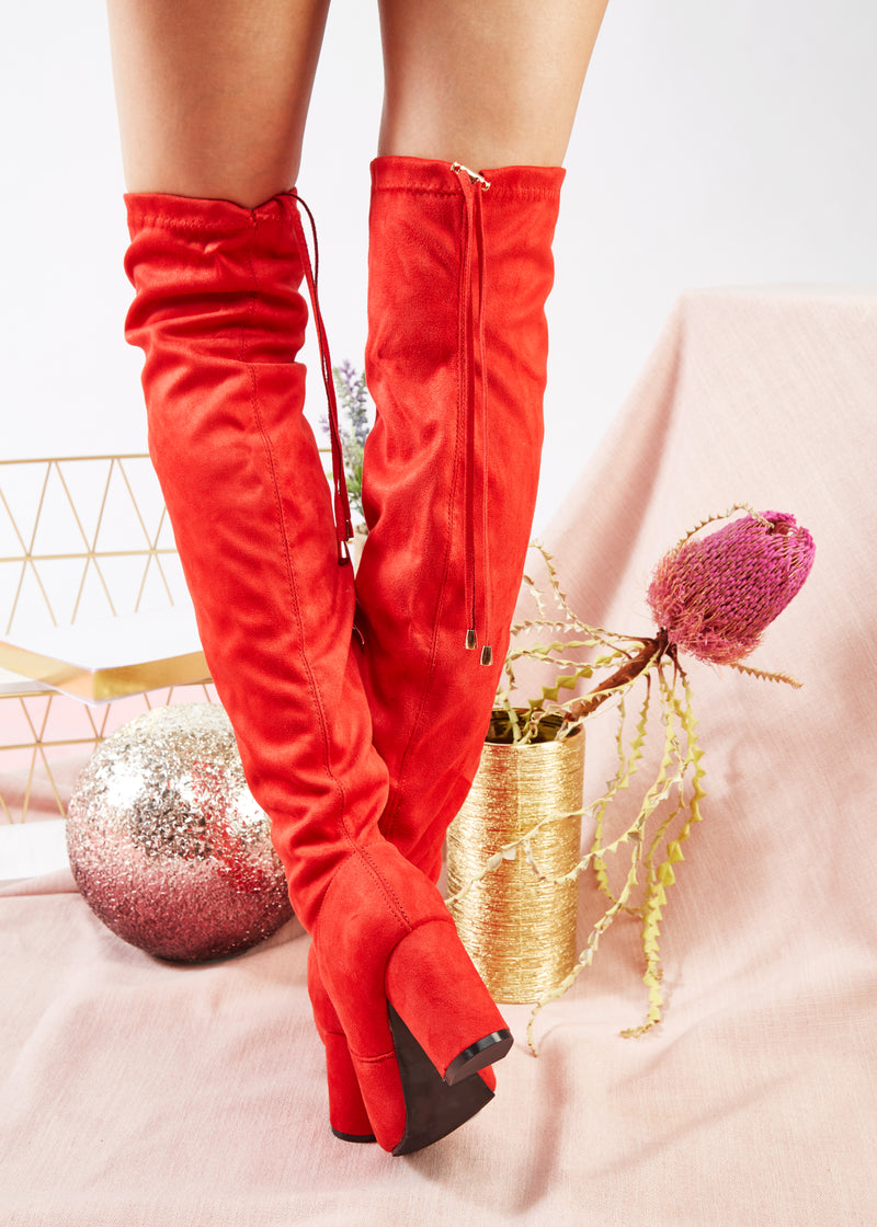 Medium Calf Over The Knee Chunky Heel Stretch Boots RED