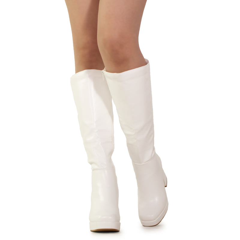 "Regular Calf" Women's Go Go Knee High Platform Boots WHITE