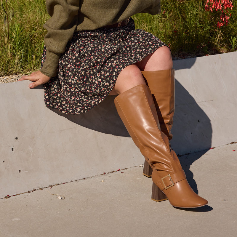 "Wide Calf" Square Toe Block Heel Dress Boots LIGHT BROWN