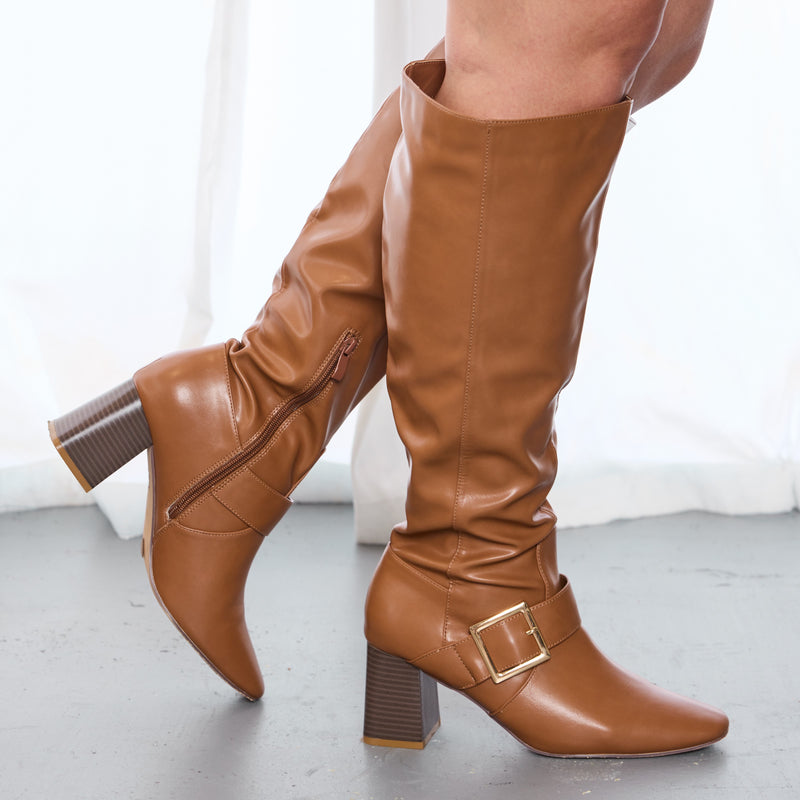 "Wide Calf" Square Toe Block Heel Dress Boots LIGHT BROWN