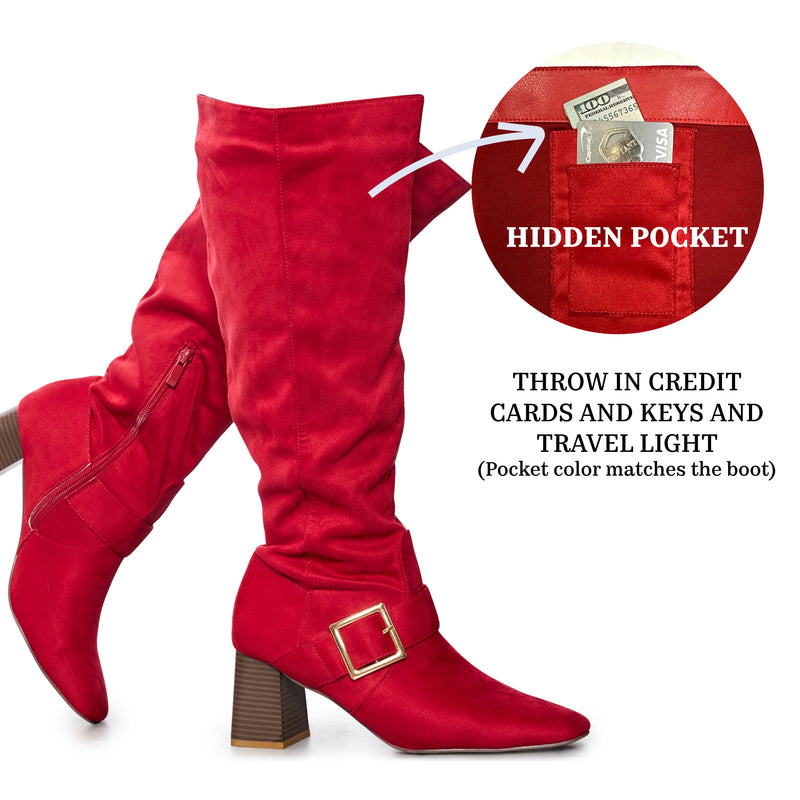 "Wide Calf" Square Toe Block Heel Dress Boots RED