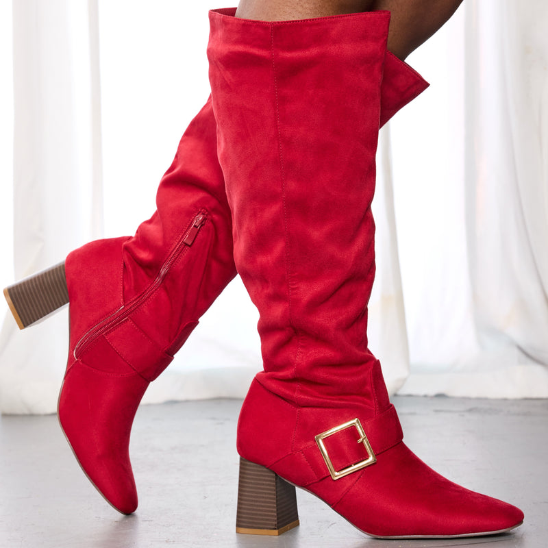 "Wide Calf" Square Toe Block Heel Dress Boots RED