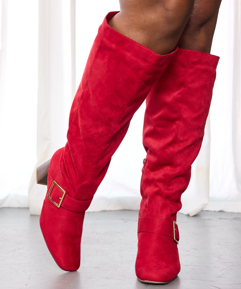 "Wide Calf" Square Toe Block Heel Dress Boots RED