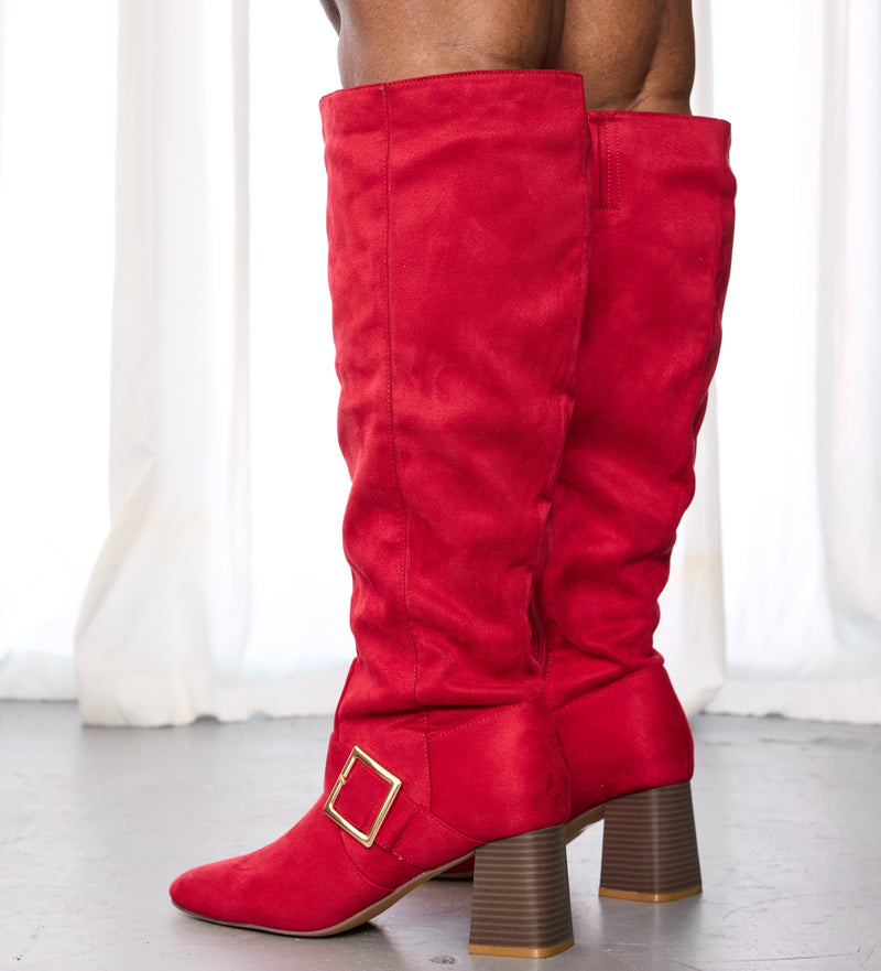 "Wide Calf" Square Toe Block Heel Dress Boots RED