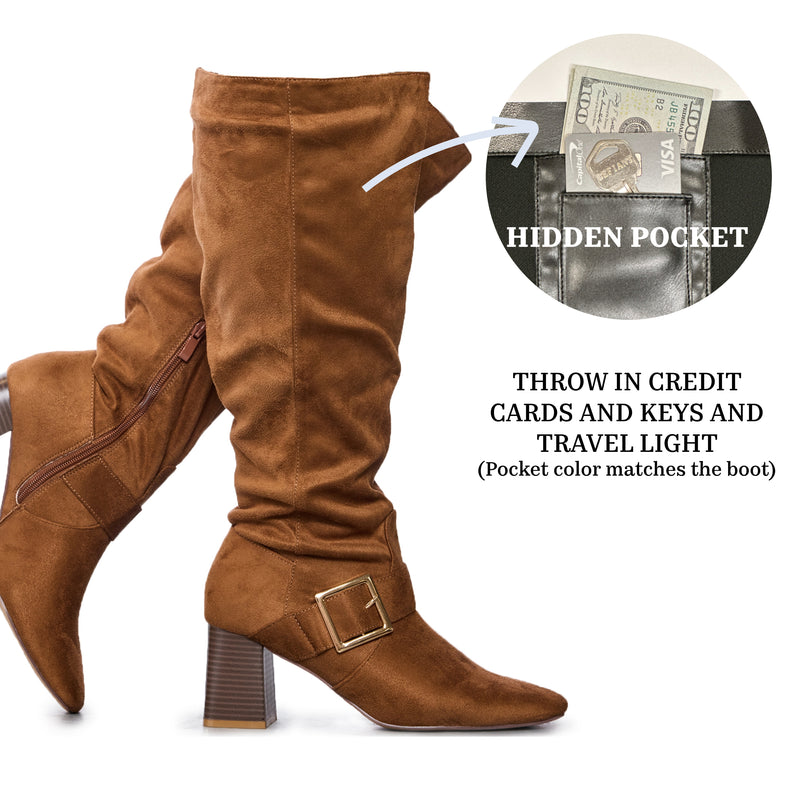 "Wide Calf" Square Toe Block Heel Dress Boots TAN