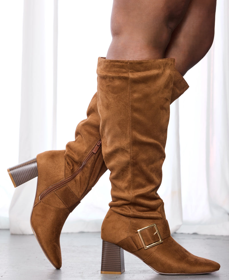 "Wide Calf" Square Toe Block Heel Dress Boots TAN