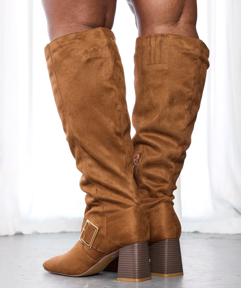 "Wide Calf" Square Toe Block Heel Dress Boots TAN