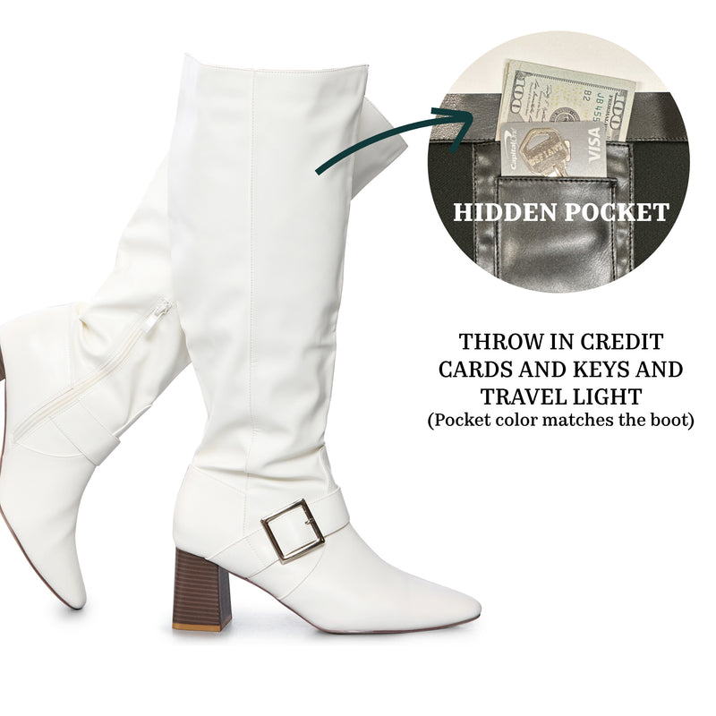 "Wide Calf" Square Toe Block Heel Dress Boots WHITE