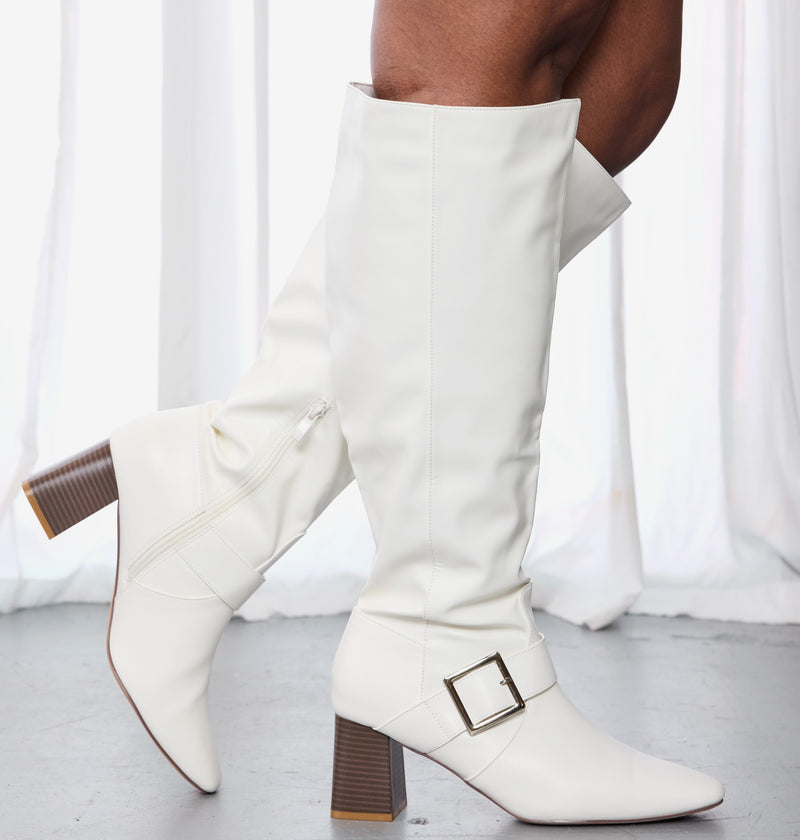 "Wide Calf" Square Toe Block Heel Dress Boots WHITE