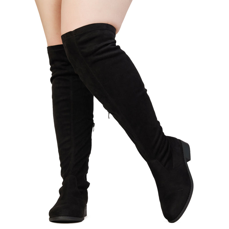 "Wide Calf Wide Width" Back Criss Cross Lace Stretchy Boots BLACK SUEDE