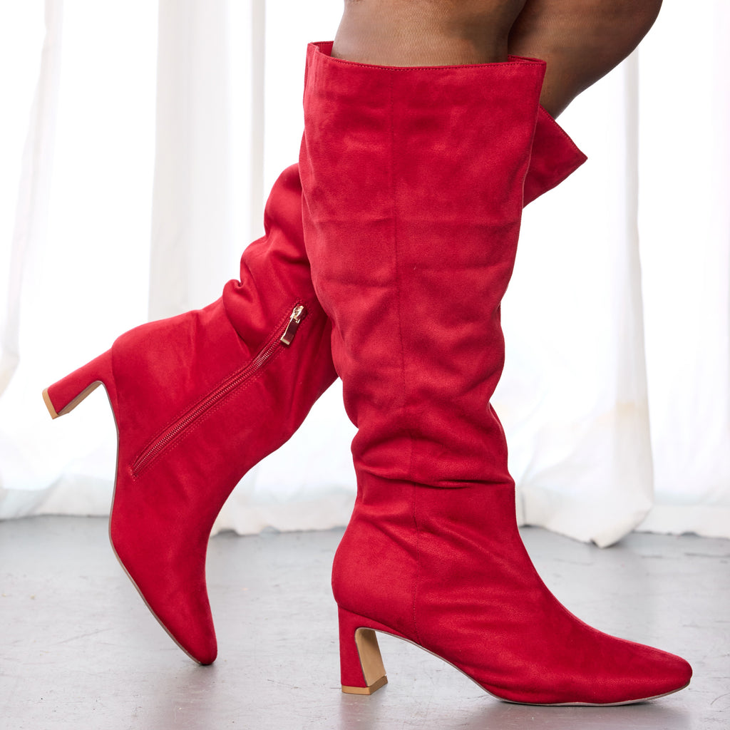 "Wide Calf" Square Toe Knee High Dress Boots RED