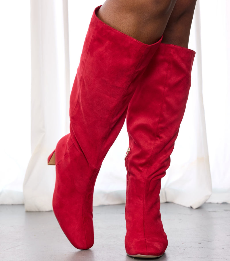 "Wide Calf" Square Toe Knee High Dress Boots RED