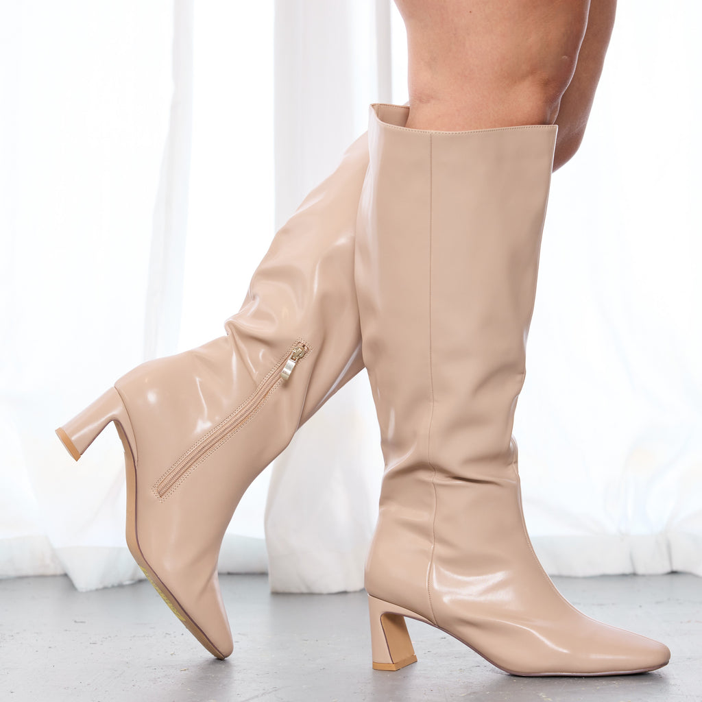 "Wide Calf" Square Toe Knee High Dress Boots TAN