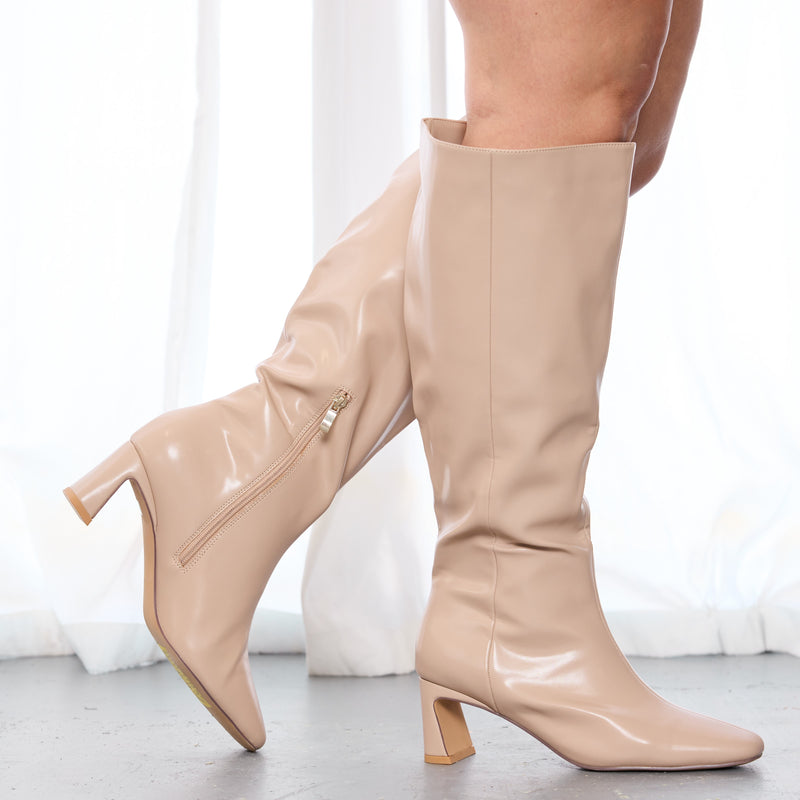 Wide Calf Square Toe Knee High Dress Boots TAN Room Of Fashion