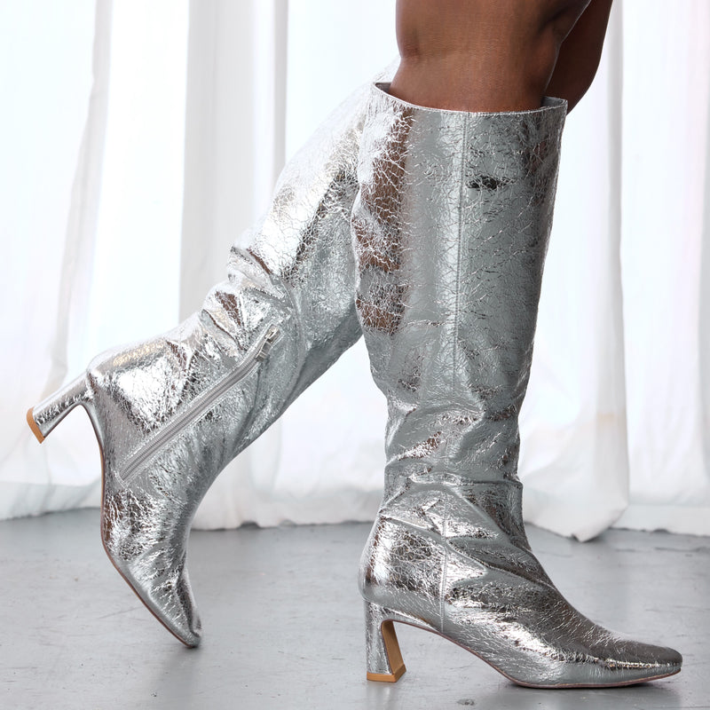 "Wide Calf" Square Toe Knee High Dress Boots SILVER