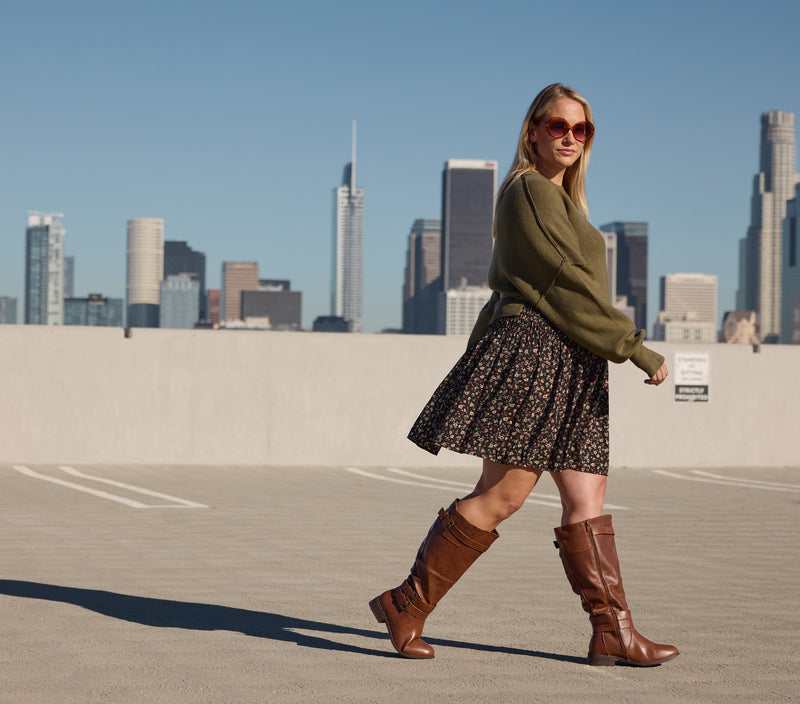 "Extra Wide Calf" Buckle Knee High Riding Boots w Pocket TAN