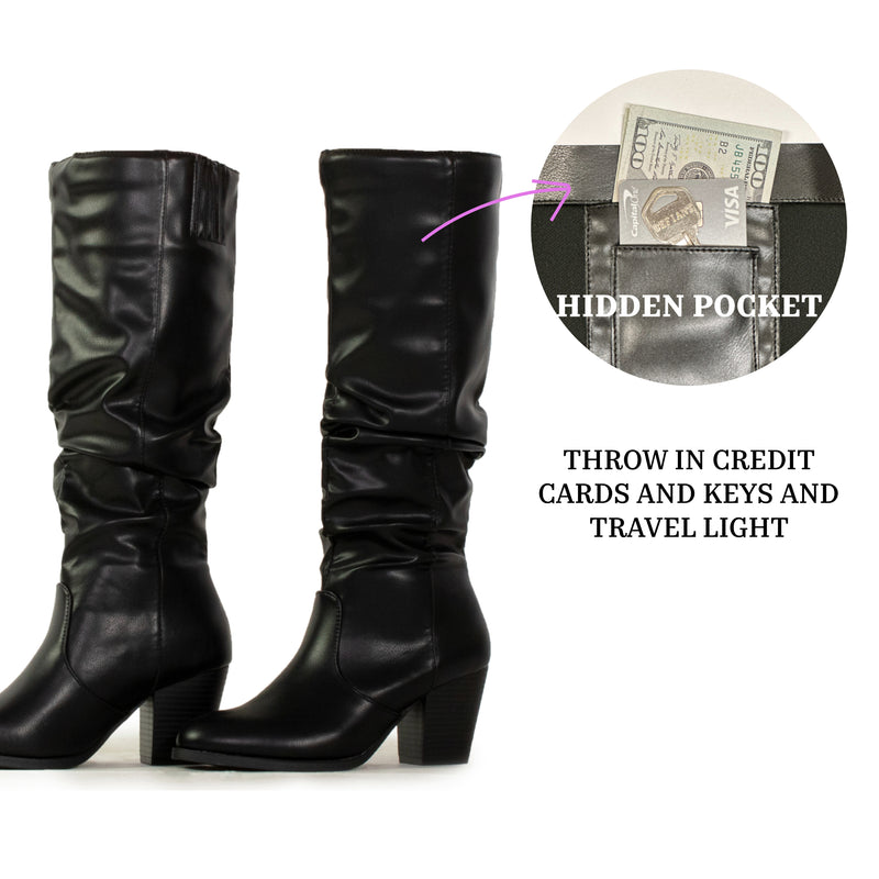 "Regular Calf" Stacked Heel Dress Knee High Boots BLACK LEATHERETTE