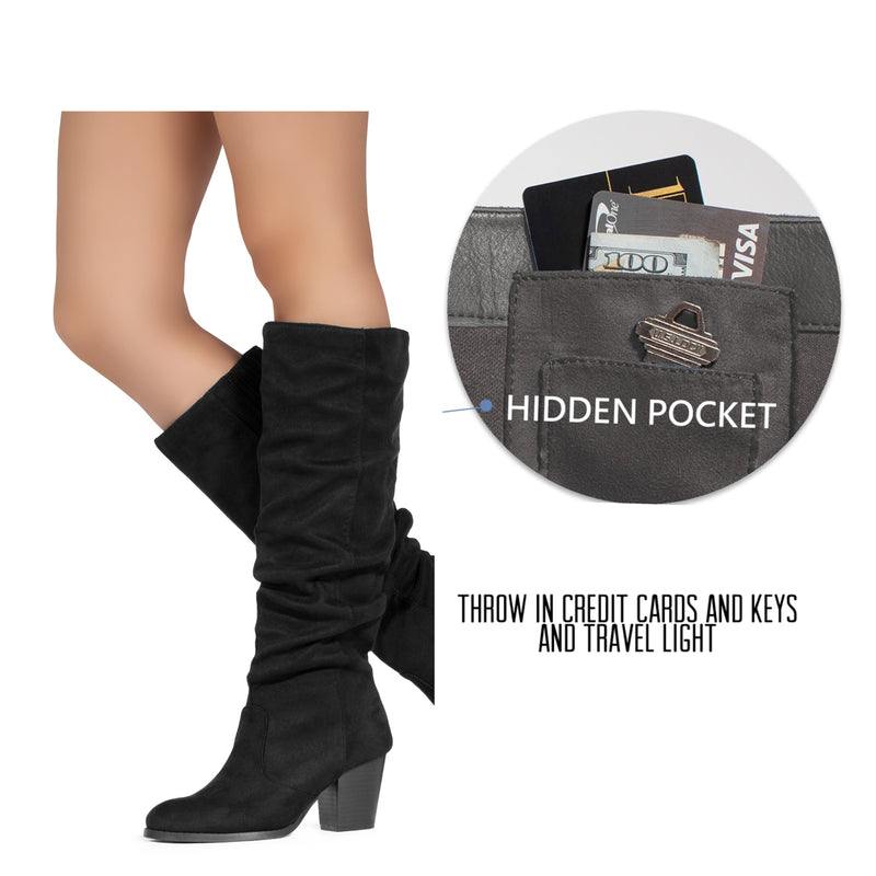 "Regular Calf" Stacked Heel Dress Knee High Boots BLACK